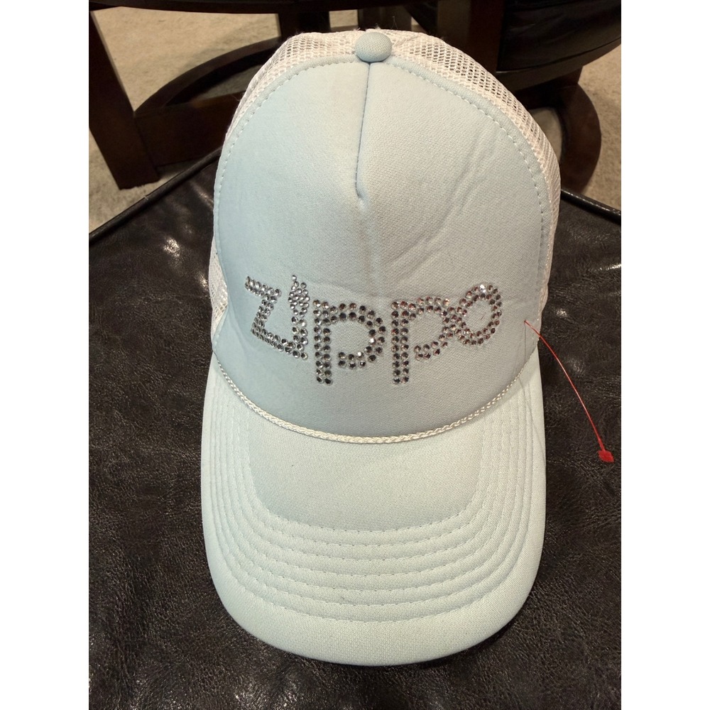 Zippo Rhinestone Logo Trucker Hat Light Blue White Mesh Snapback Cap OSFA